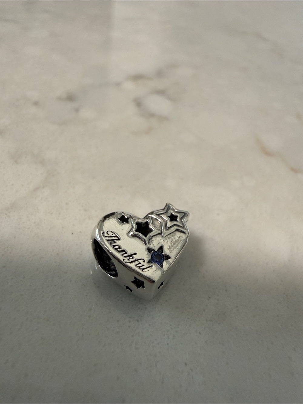 Authentic Pandora Thankful Heart & Star Charm Bead in Silver with Blue Accent